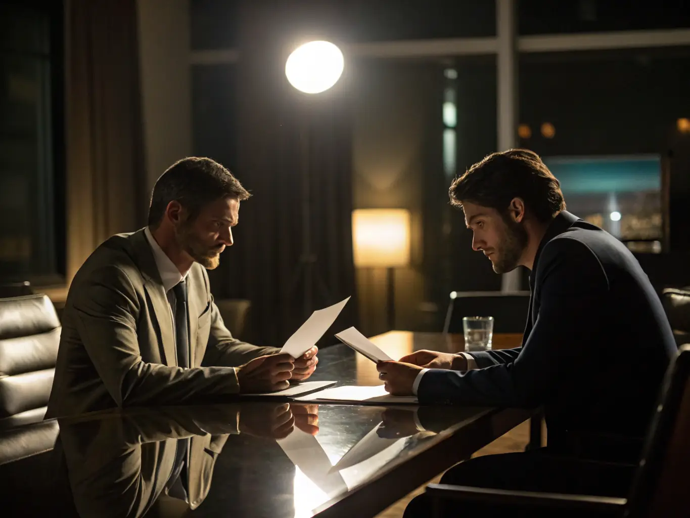 A consultant working with a client over a strategic plan on a conference table, discussing business growth strategies.