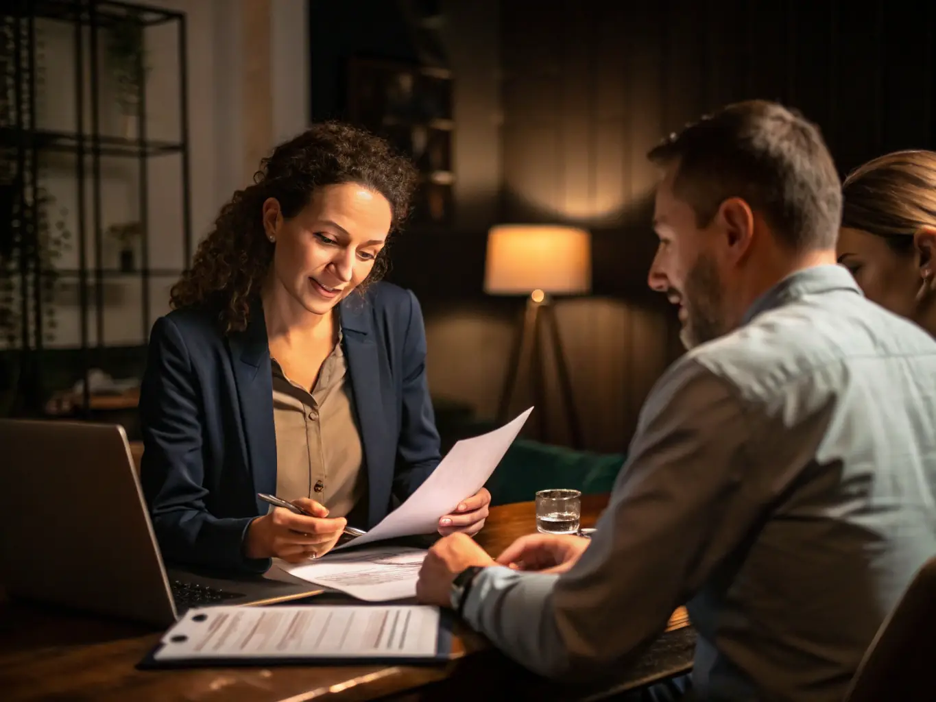 A business owner reviewing valuation reports with a consultant, planning for a smooth business transition.