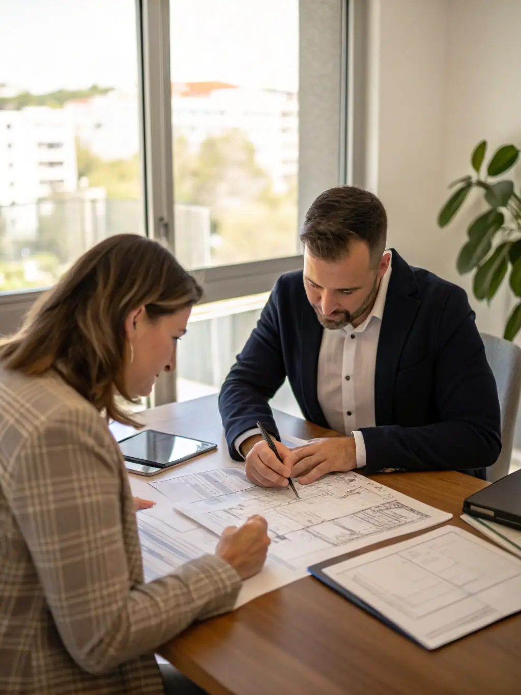 A consultant guiding a business owner through a succession planning document, outlining the steps for a smooth transition of leadership.