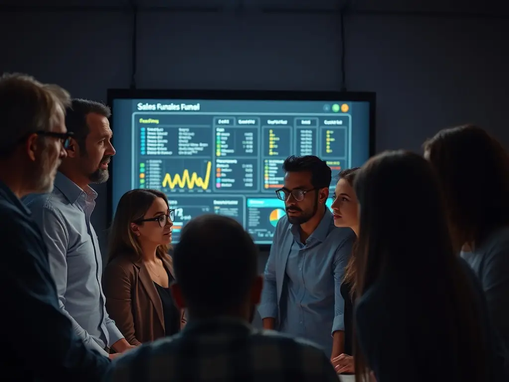 A team reviewing marketing analytics and sales funnels on a digital screen, optimizing sales and marketing strategies.