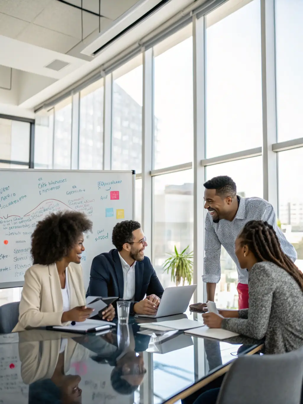 A consultant in a meeting room, facilitating a strategic planning session with a diverse group of business owners, using visual aids and collaborative discussions.